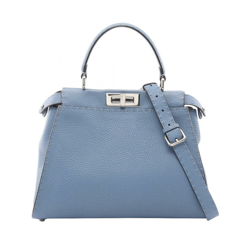 FENDI Peekaboo Regular Selleria 單肩斜背包，藍色二手皮革款