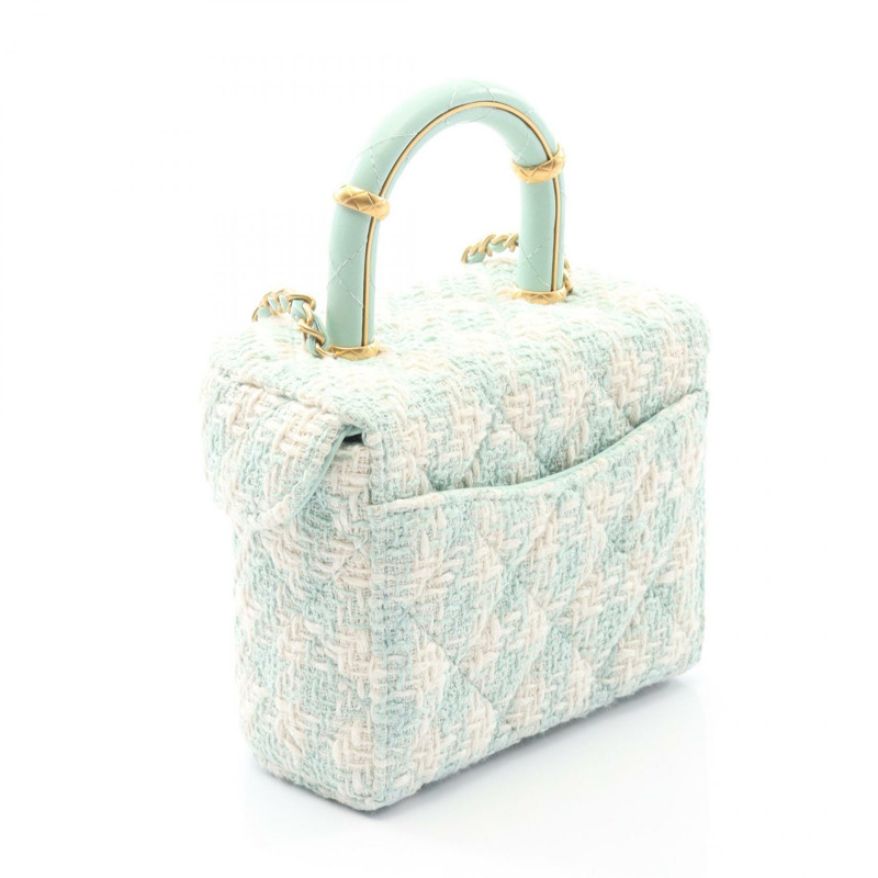 香奈兒 (CHANEL) 絎縫肩背包 AS3973 織物皮革 綠色 白色 二手 金色五金 CC-1