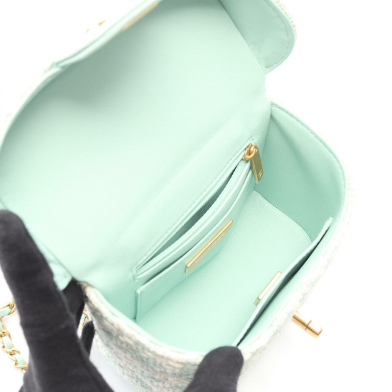 香奈兒 (CHANEL) 絎縫肩背包 AS3973 織物皮革 綠色 白色 二手 金色五金 CC-2