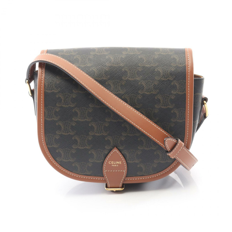 CELINE Folco 中型 Triomphe 單肩包，帆布皮革，黑色/棕色，二手女款-0