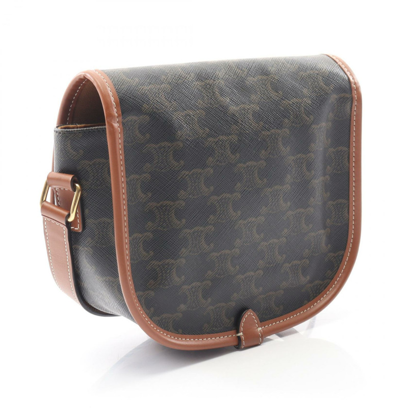 CELINE Folco 中型 Triomphe 單肩包，帆布皮革，黑色/棕色，二手女款-1