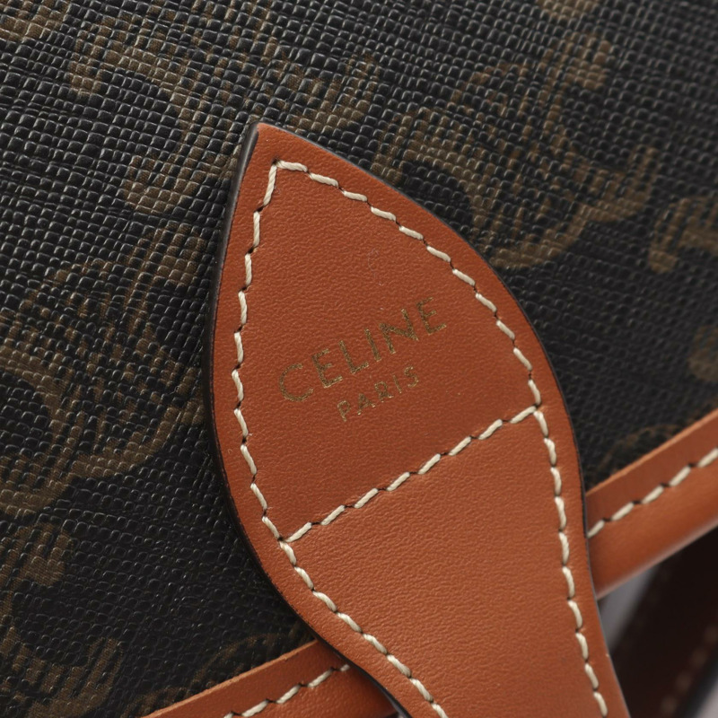 CELINE Folco 中型 Triomphe 單肩包，帆布皮革，黑色/棕色，二手女款-3
