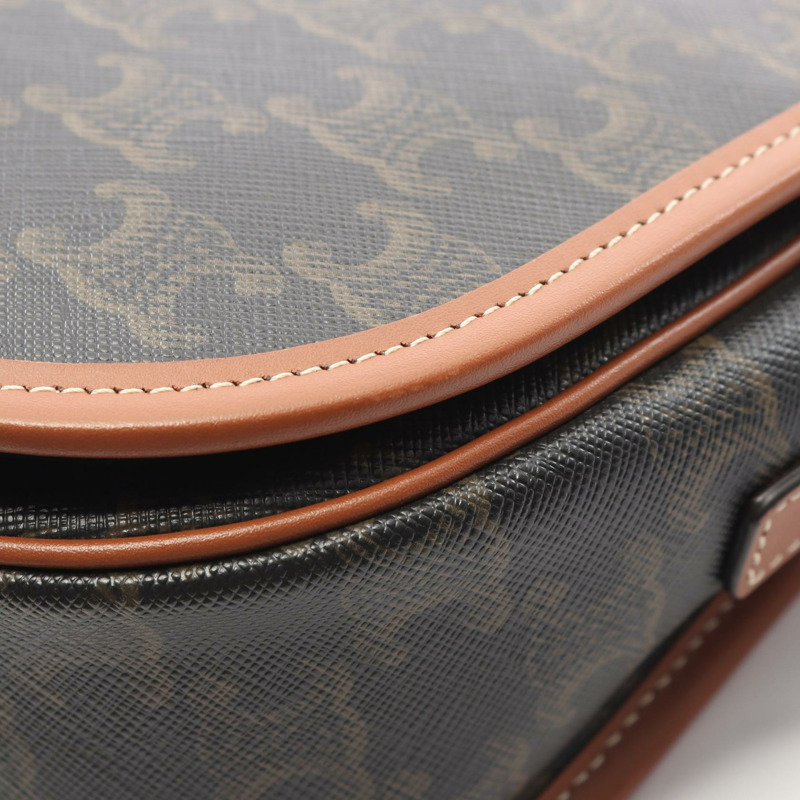 CELINE Folco 中型 Triomphe 單肩包，帆布皮革，黑色/棕色，二手女款-7