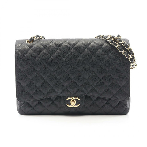 香奈兒 (CHANEL) 大型絎縫 34W 翻蓋鏈條肩背包，黑色皮革，金色五金，二手