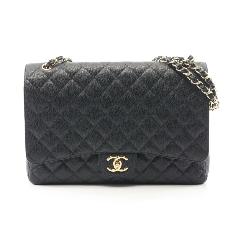 香奈兒 (CHANEL) 大型絎縫 34W 翻蓋鏈條肩背包，黑色皮革，金色五金，二手-0