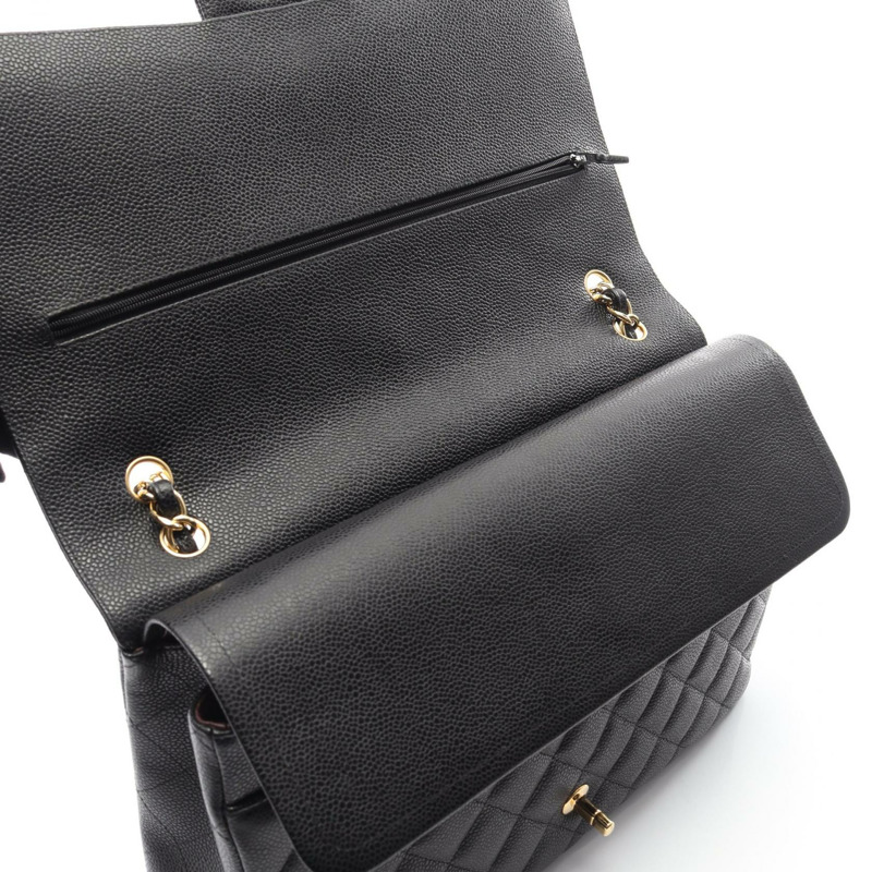 香奈兒 (CHANEL) 大型絎縫 34W 翻蓋鏈條肩背包，黑色皮革，金色五金，二手-6