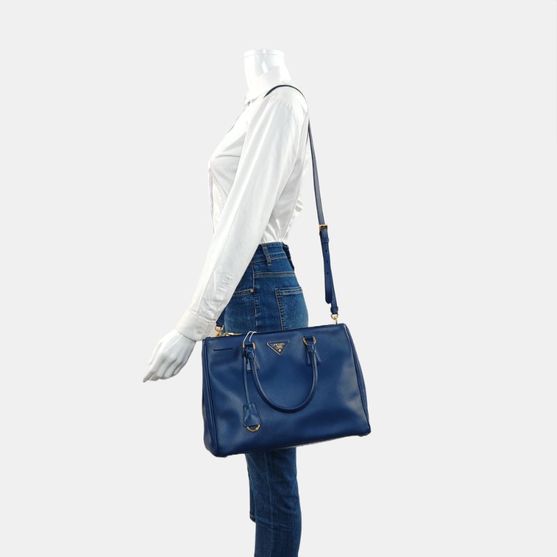 PRADA Galleria大號深藍色牛皮徽標十字紋殺手包單肩包手提包斜挎包金色五金可拆卸肩帶-1