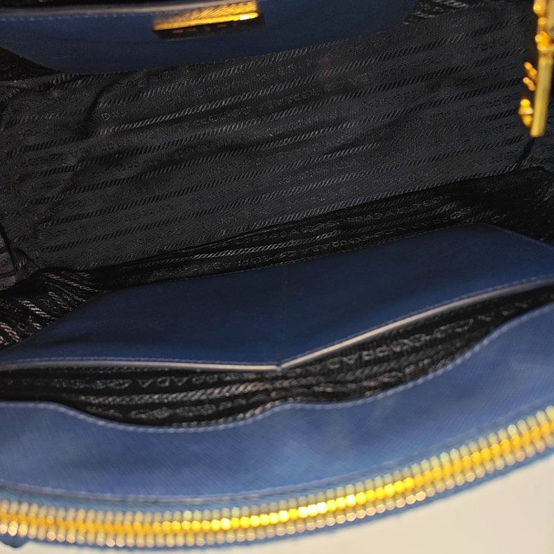 PRADA Galleria大號深藍色牛皮徽標十字紋殺手包單肩包手提包斜挎包金色五金可拆卸肩帶-6