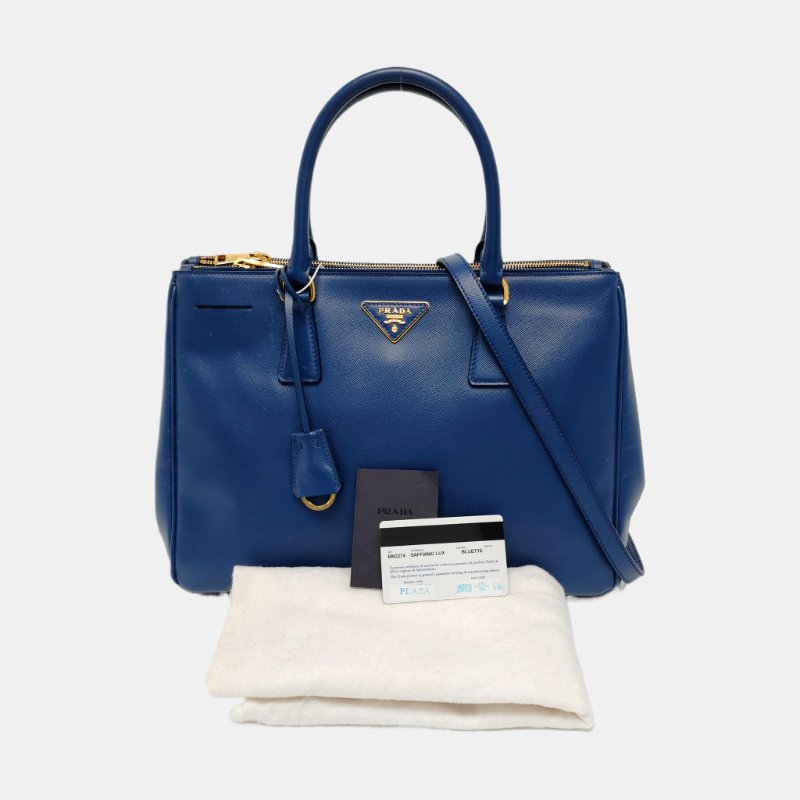 PRADA Galleria大號深藍色牛皮徽標十字紋殺手包單肩包手提包斜挎包金色五金可拆卸肩帶-7