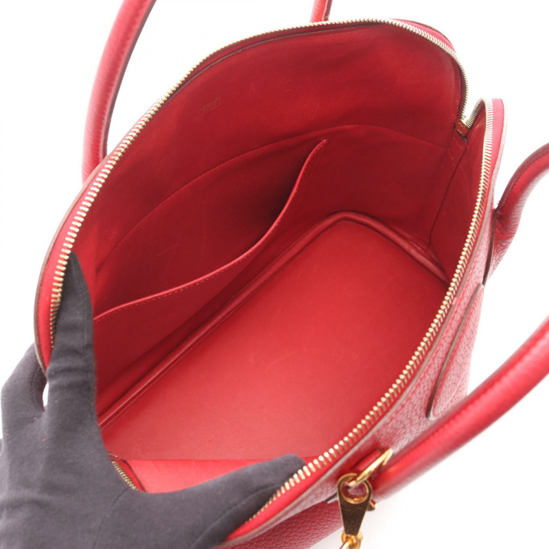 愛馬仕 Bolide 37 肩背包，G Fjord 皮革，胭脂紅，二手，金色五金-2
