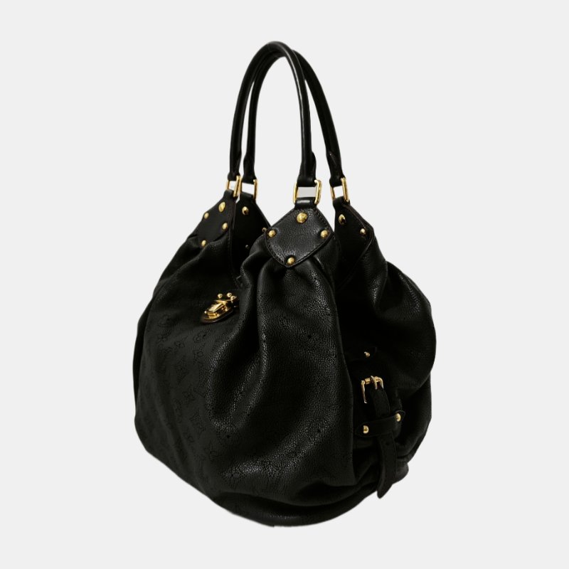 LOUIS VUITTON MAHINA黑色牛皮老花手提包單肩包金色五金-2
