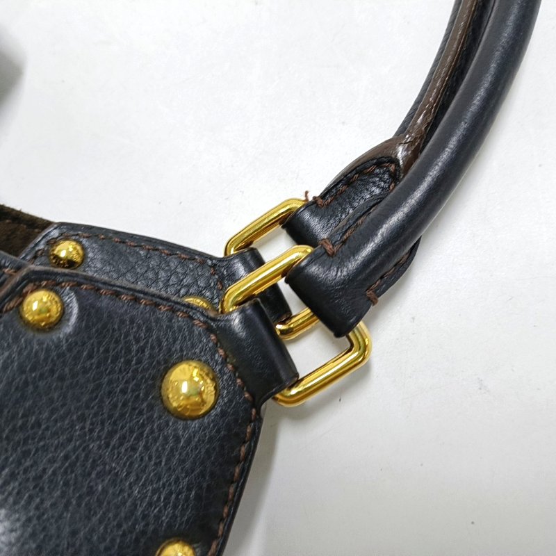 LOUIS VUITTON MAHINA黑色牛皮老花手提包單肩包金色五金-7