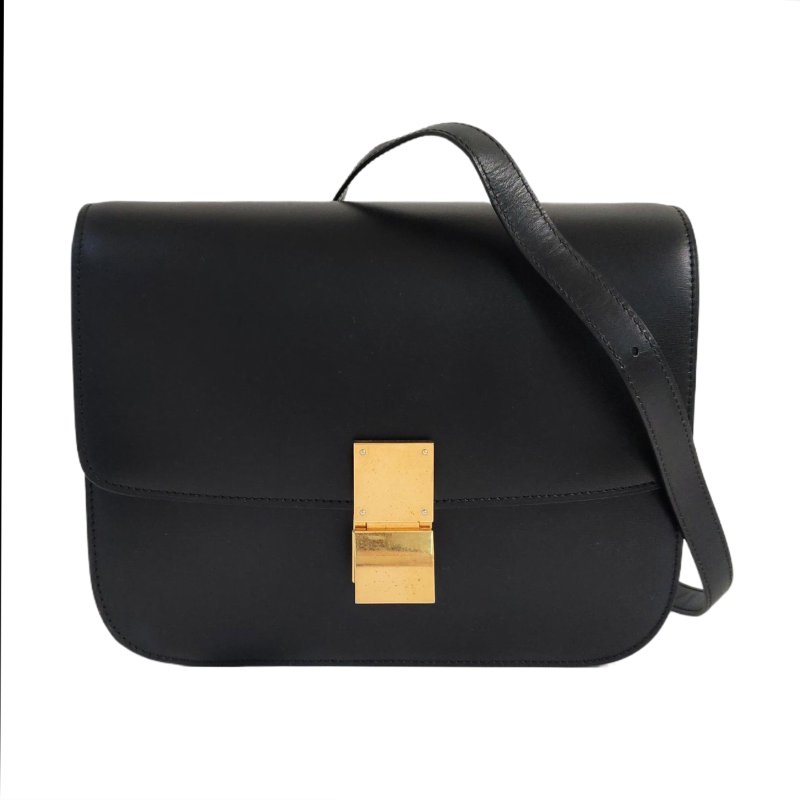 CELINE CLASSIC BOX中號黑色牛皮豆腐包單肩包斜挎包金色五金可拆卸肩帶-0