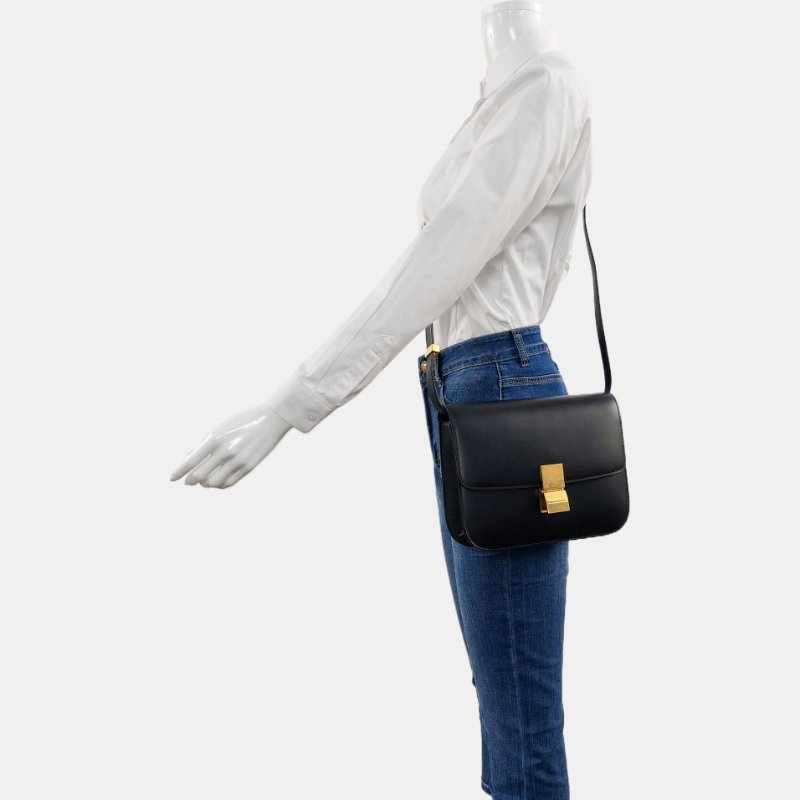 CELINE CLASSIC BOX中號黑色牛皮豆腐包單肩包斜挎包金色五金可拆卸肩帶-1