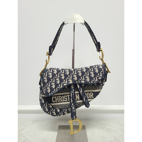 【包稅】DIOR 藍色斜紋提花刺繡馬鞍包 + 肩帶