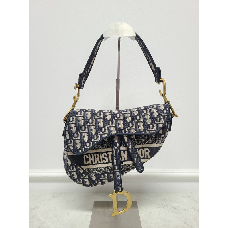 【包稅】DIOR 藍色斜紋提花刺繡馬鞍包 + 肩帶-0