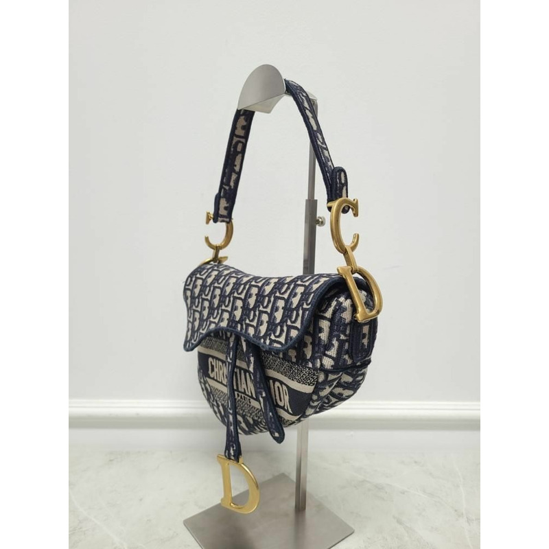 【包稅】DIOR 藍色斜紋提花刺繡馬鞍包 + 肩帶-1