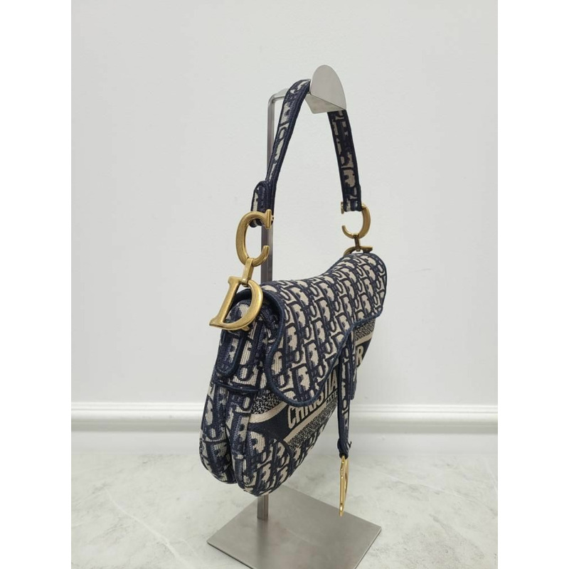 【包稅】DIOR 藍色斜紋提花刺繡馬鞍包 + 肩帶-2