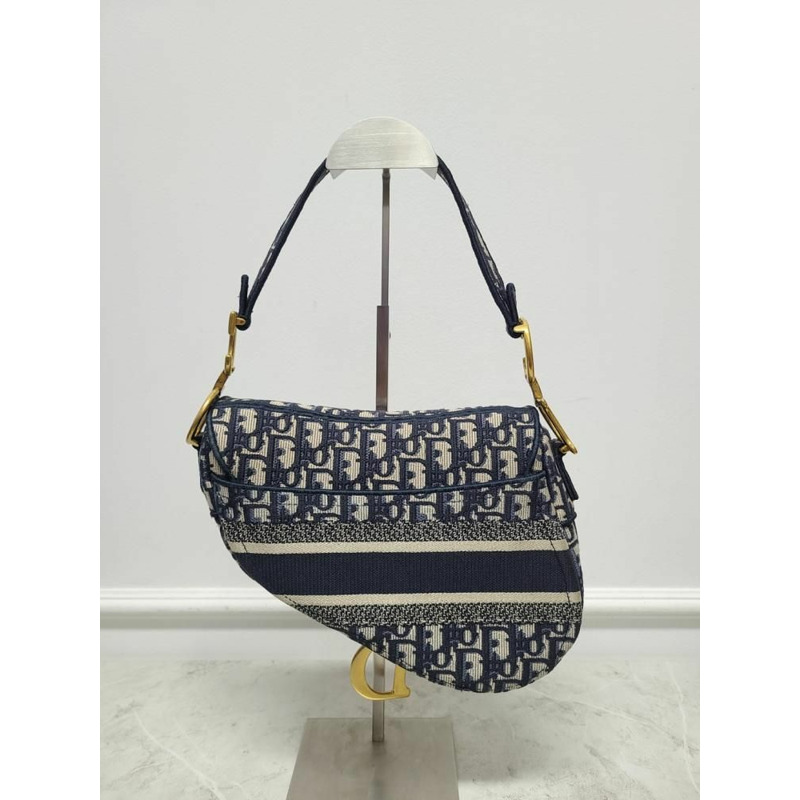 【包稅】DIOR 藍色斜紋提花刺繡馬鞍包 + 肩帶-5