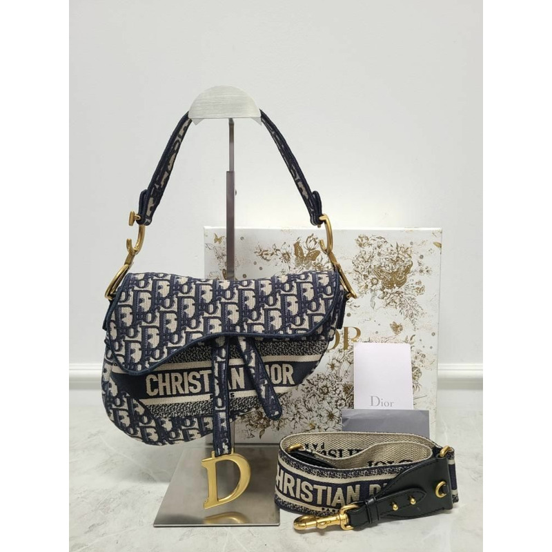 【包稅】DIOR 藍色斜紋提花刺繡馬鞍包 + 肩帶-7