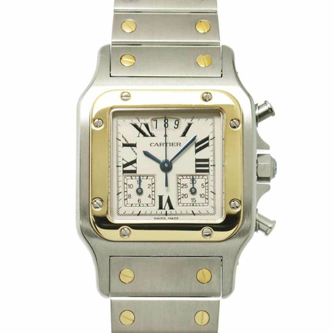 卡地亞 Santos Galbe LM Chrono Reflex 萬年曆雙色男士腕錶 W20042C4，日期顯示，象牙白/黃金石英機芯