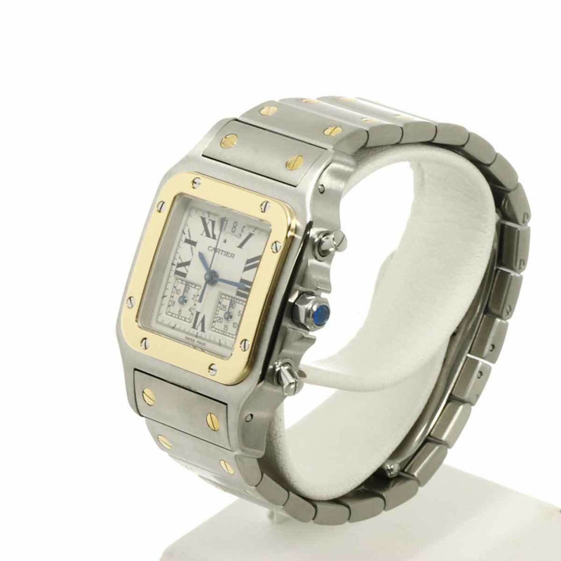 卡地亞 Santos Galbe LM Chrono Reflex 萬年曆雙色男士腕錶 W20042C4，日期顯示，象牙白/黃金石英機芯-1
