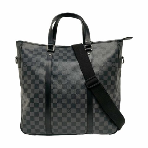 LOUIS VUITTON TADAO中號灰色塗層帆布棋盤格單肩包手提包銀色五金可拆卸肩帶