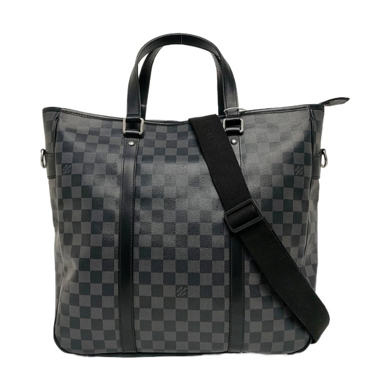 LOUIS VUITTON TADAO中號灰色塗層帆布棋盤格單肩包手提包銀色五金可拆卸肩帶-0