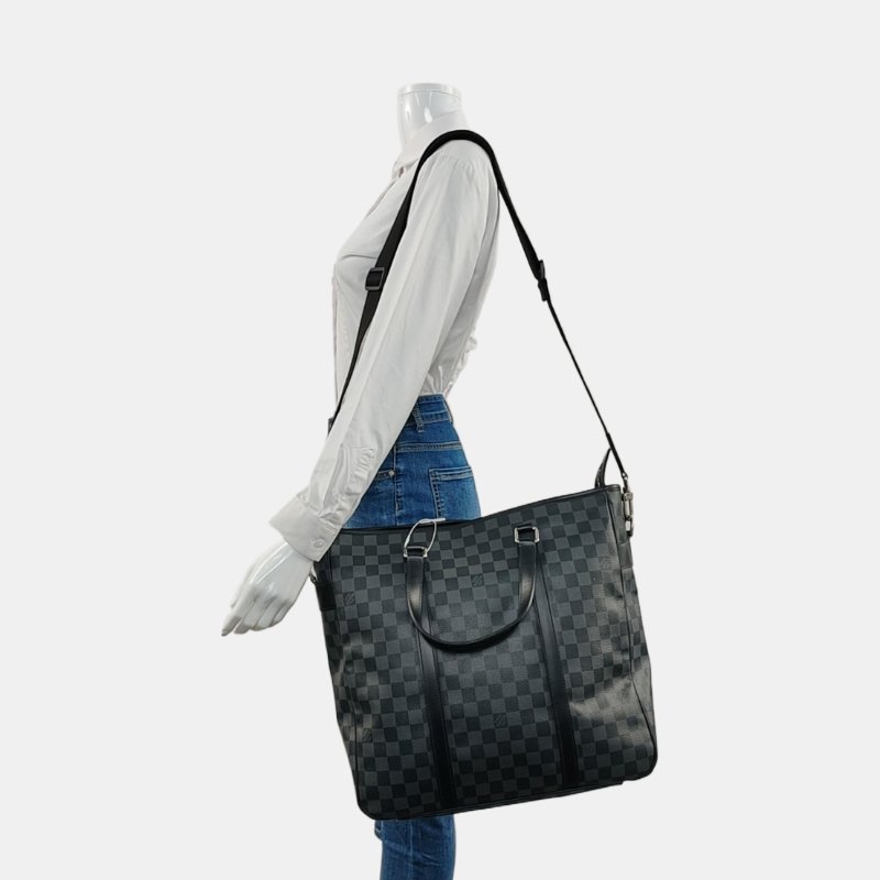 LOUIS VUITTON TADAO中號灰色塗層帆布棋盤格單肩包手提包銀色五金可拆卸肩帶-1