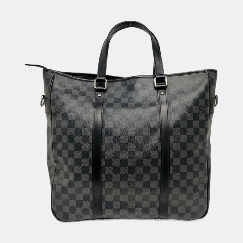 LOUIS VUITTON TADAO中號灰色塗層帆布棋盤格單肩包手提包銀色五金可拆卸肩帶-4