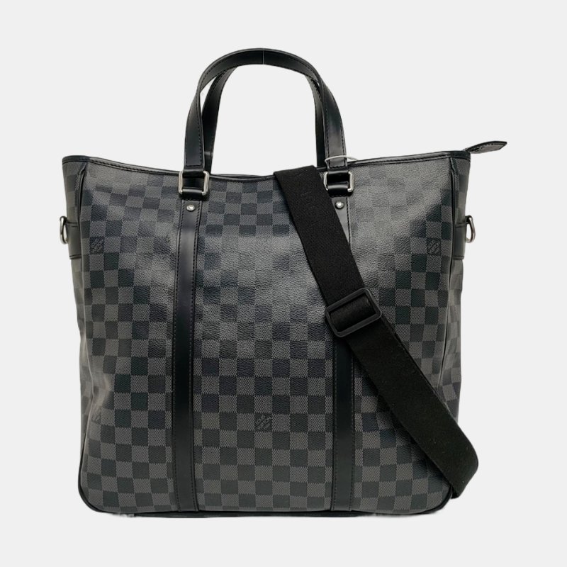 LOUIS VUITTON TADAO中號灰色塗層帆布棋盤格單肩包手提包銀色五金可拆卸肩帶-7