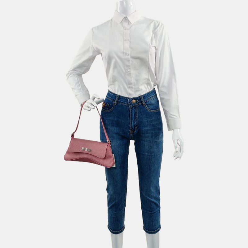 BALENCIAGA粉色特殊材質壓紋單肩包銀色五金-1