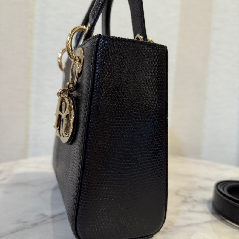 Dior 黑蜥蜴皮淡金釦Lady Dior小號手提斜背包-2