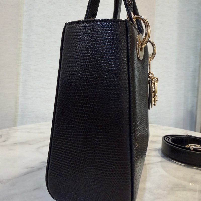 Dior 黑蜥蜴皮淡金釦Lady Dior小號手提斜背包-3