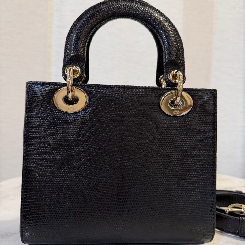 Dior 黑蜥蜴皮淡金釦Lady Dior小號手提斜背包-4