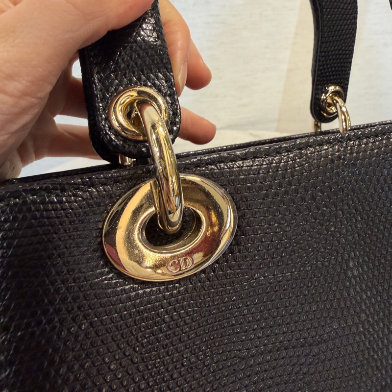 Dior 黑蜥蜴皮淡金釦Lady Dior小號手提斜背包-5