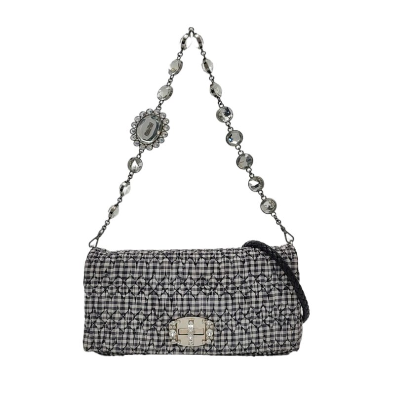 Miu Miu Crystal拼色織物絎縫鑲嵌單肩包手提包銀色五金2條可拆卸肩帶-0
