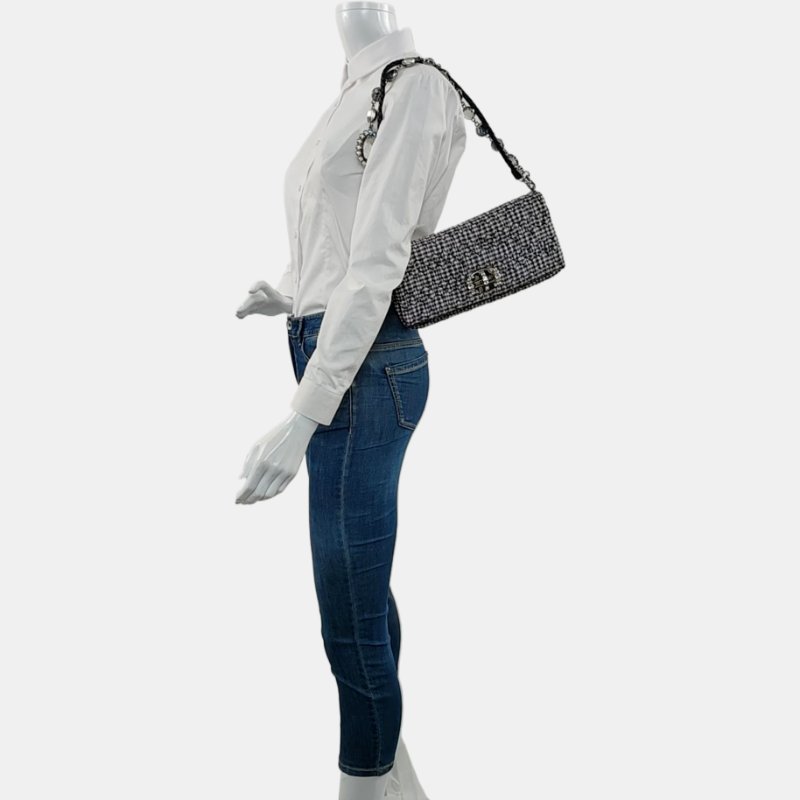 Miu Miu Crystal拼色織物絎縫鑲嵌單肩包手提包銀色五金2條可拆卸肩帶-1