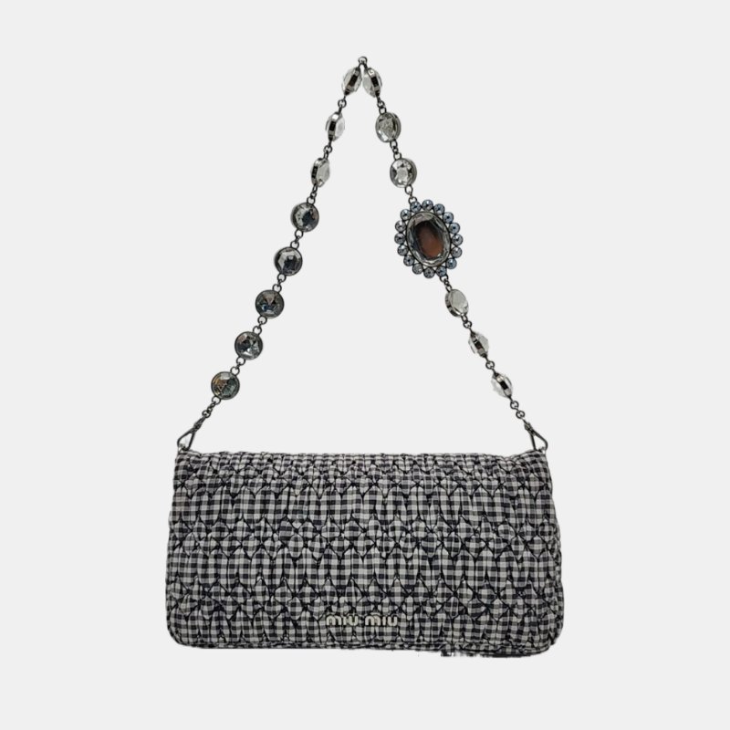 Miu Miu Crystal拼色織物絎縫鑲嵌單肩包手提包銀色五金2條可拆卸肩帶-4