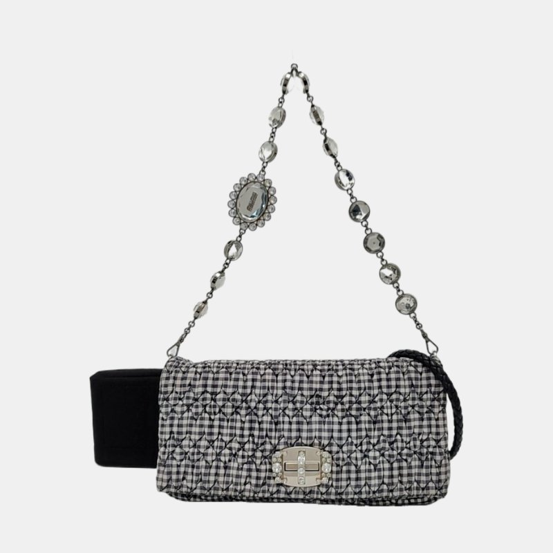 Miu Miu Crystal拼色織物絎縫鑲嵌單肩包手提包銀色五金2條可拆卸肩帶-7