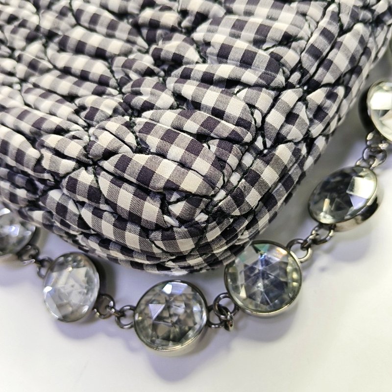 Miu Miu Crystal拼色織物絎縫鑲嵌單肩包手提包銀色五金2條可拆卸肩帶-11