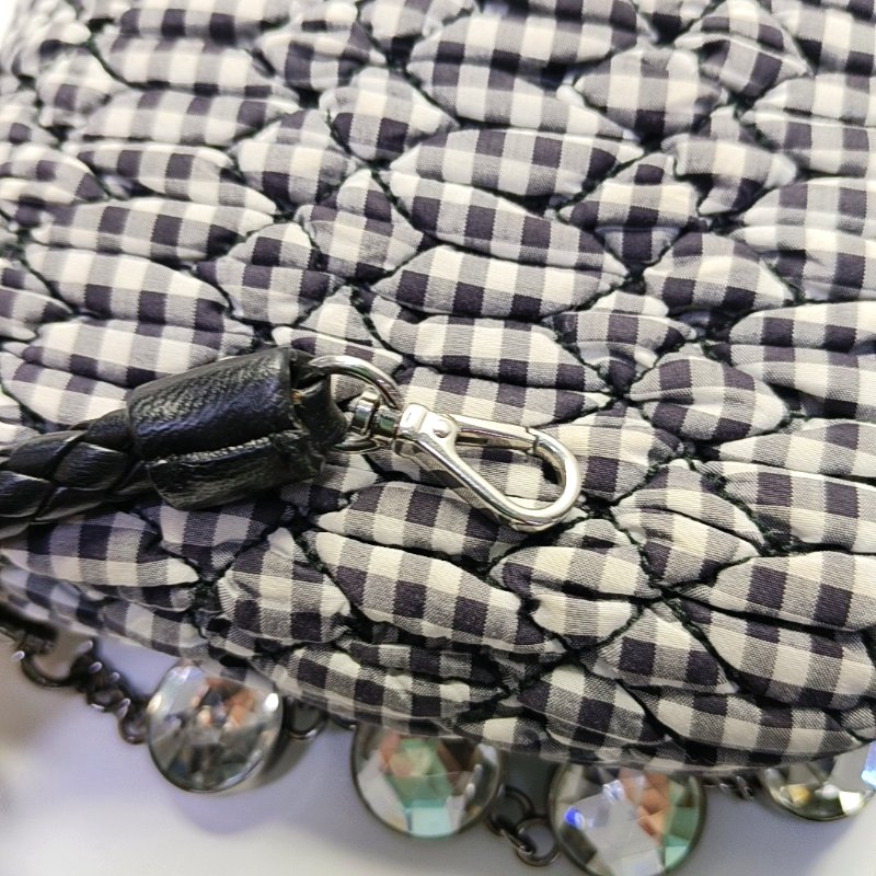 Miu Miu Crystal拼色織物絎縫鑲嵌單肩包手提包銀色五金2條可拆卸肩帶-12