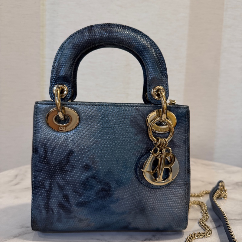 Dior 藍黑暈染蜥蜴皮淡金釦Mini Lady Dior手提斜背包-0