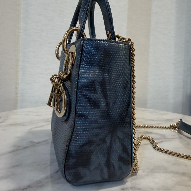 Dior 藍黑暈染蜥蜴皮淡金釦Mini Lady Dior手提斜背包-2
