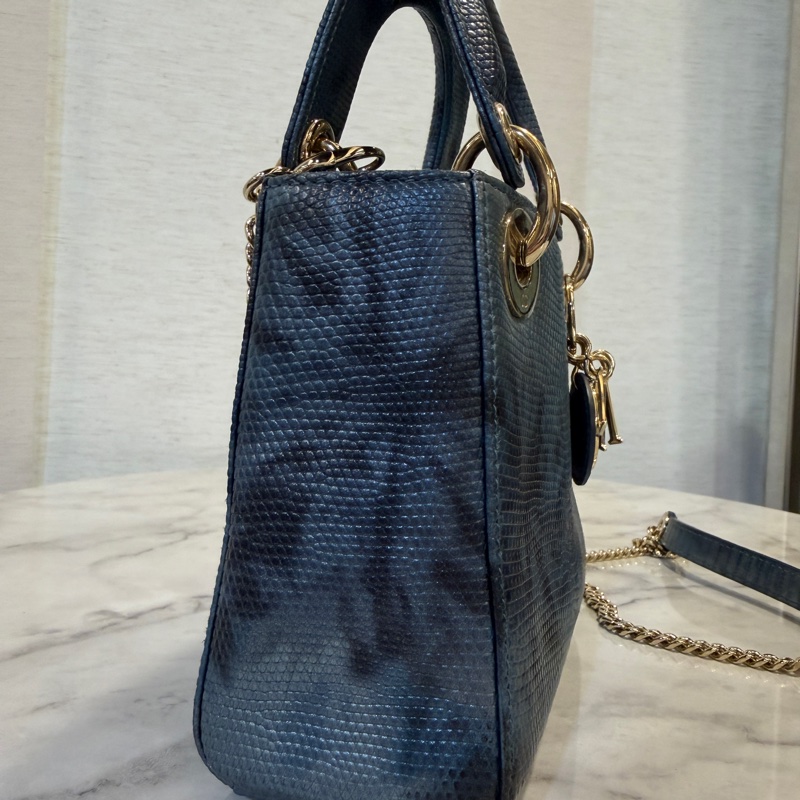 Dior 藍黑暈染蜥蜴皮淡金釦Mini Lady Dior手提斜背包-3