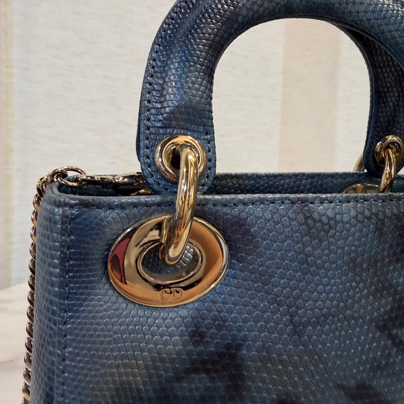 Dior 藍黑暈染蜥蜴皮淡金釦Mini Lady Dior手提斜背包-5