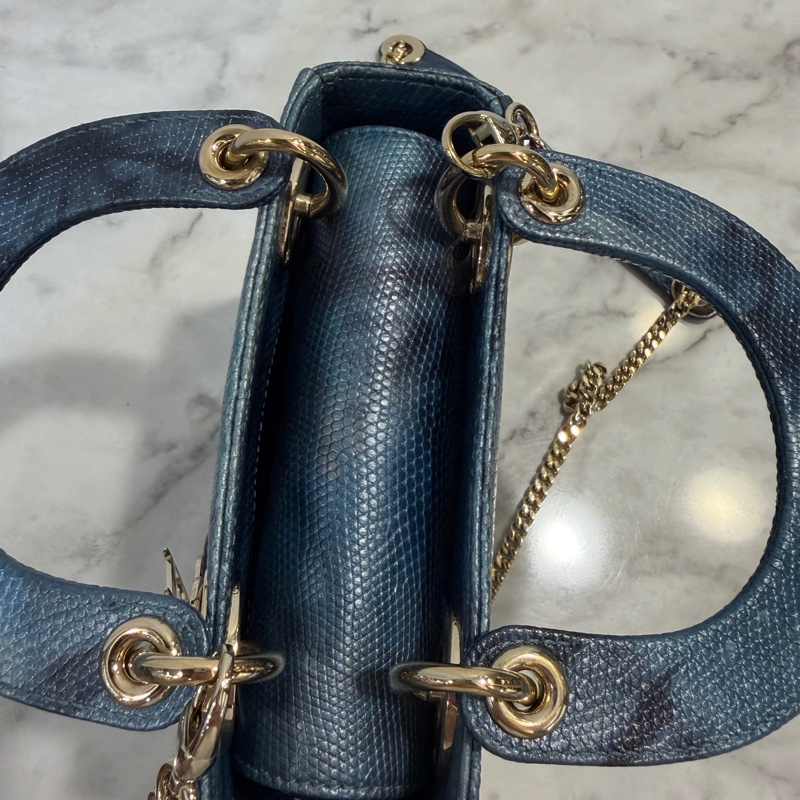 Dior 藍黑暈染蜥蜴皮淡金釦Mini Lady Dior手提斜背包-11