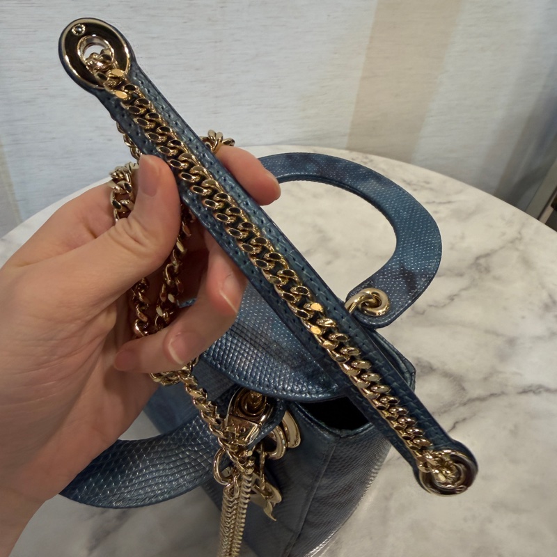 Dior 藍黑暈染蜥蜴皮淡金釦Mini Lady Dior手提斜背包-15