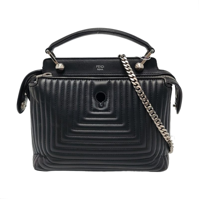 FENDI Dotcom黑色牛皮絎縫單肩包斜挎包銀色五金子袋可拆卸肩帶配件齊全-0