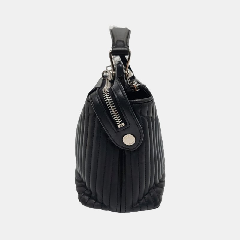 FENDI Dotcom黑色牛皮絎縫單肩包斜挎包銀色五金子袋可拆卸肩帶配件齊全-3